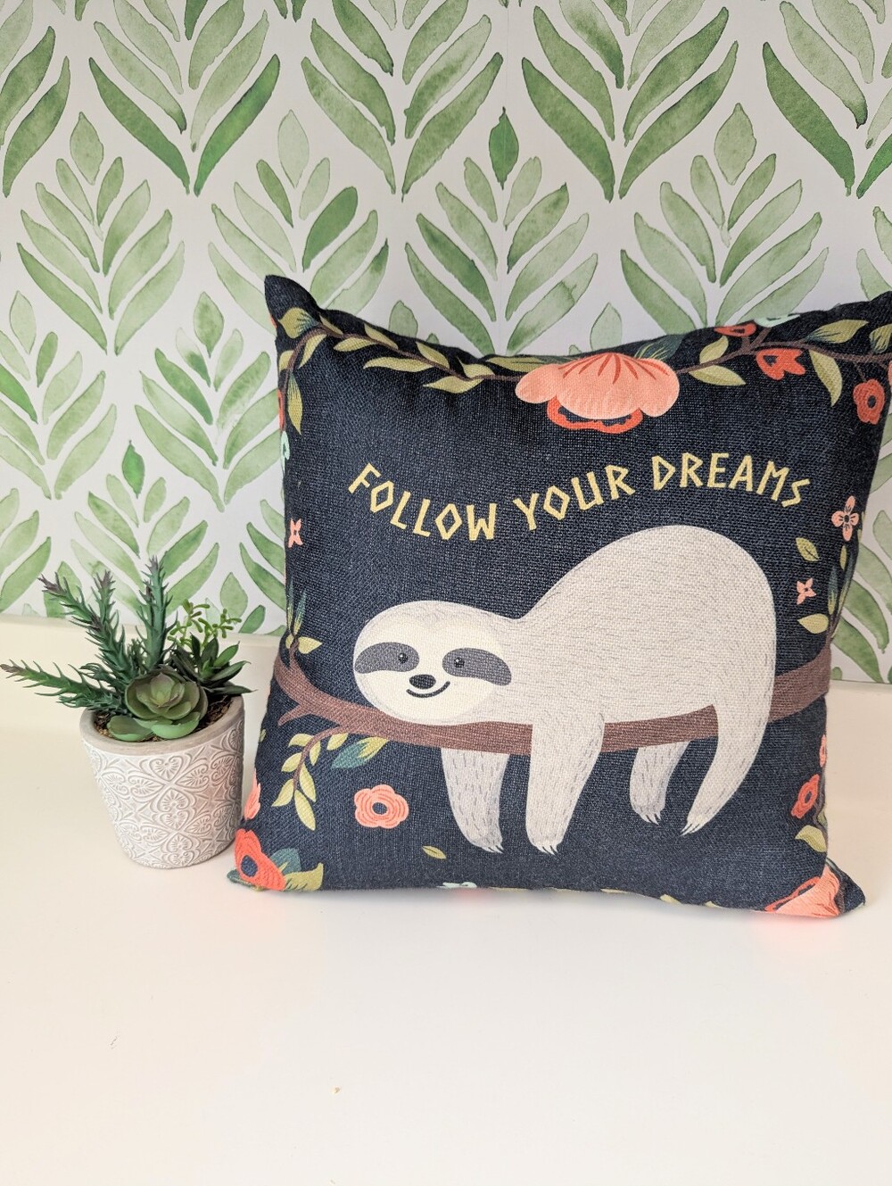 Follow Your Dreams Sloth Decorative Throw Pillow - Navy Floral